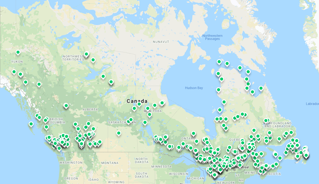 Мапа гідроенергетичних об'єктів Канади, джерело - hydro.canadiangeographic.ca